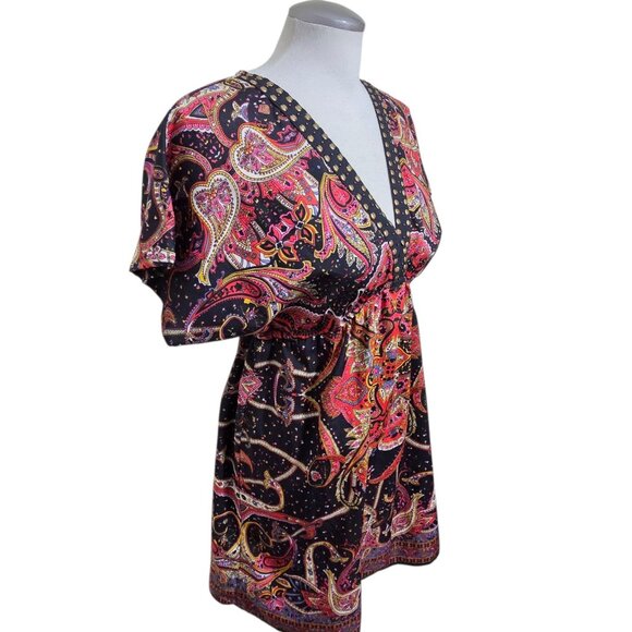 ANGIE Womens L Babydoll Tunic Top Paisley Studs Boho Peasant Flowy V Neck Artsy - Picture 4 of 8